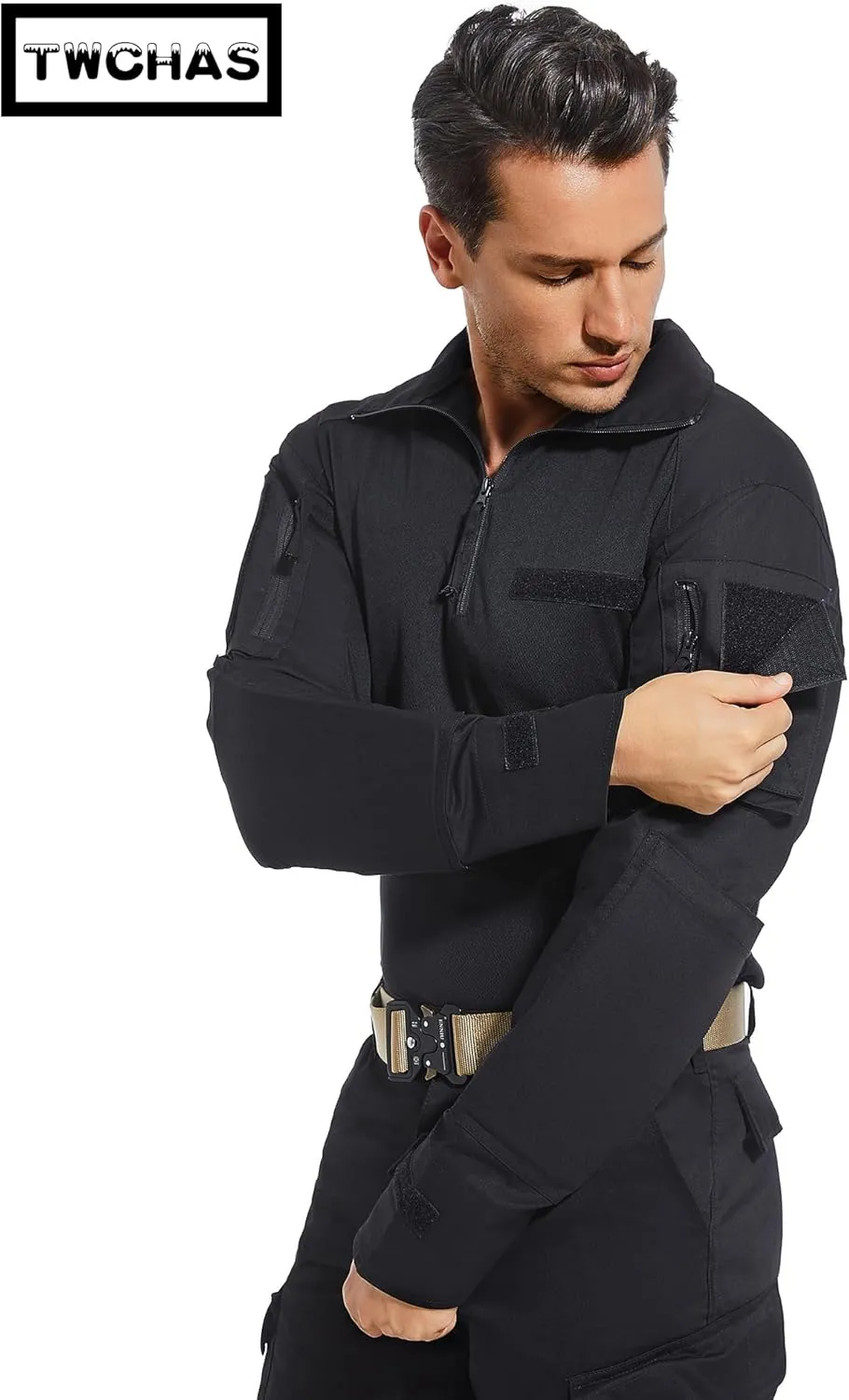 Mens Tactical Military Shirt 1/4 Zip Long Sleeve Slim Fit Military Combat Shirt with Pockets
