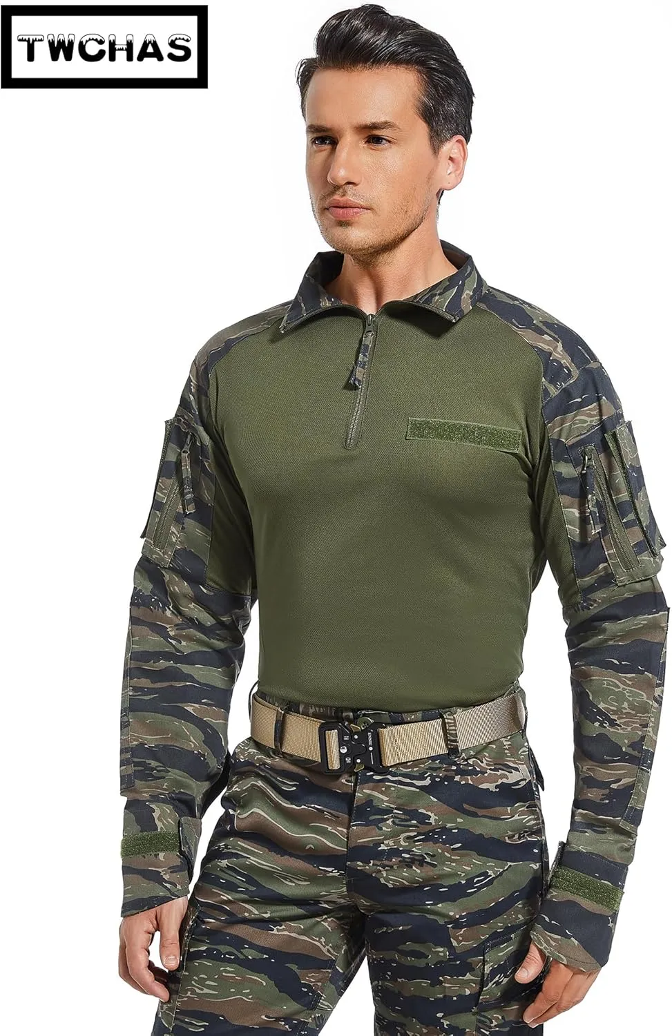Mens Tactical Military Shirt 1/4 Zip Long Sleeve Slim Fit Military Combat Shirt with Pockets