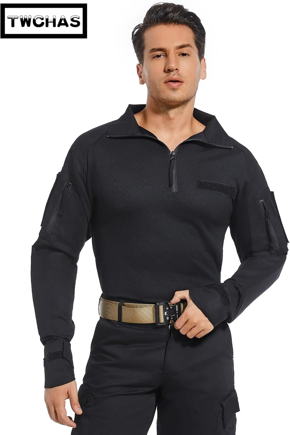 Mens Tactical Military Shirt 1/4 Zip Long Sleeve Slim Fit Military Combat Shirt with Pockets