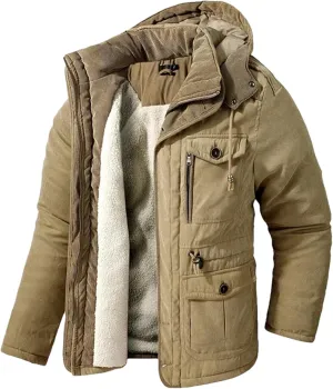 Mens Thicken Warm Hooded Jacket Fleece Inner Cotton-Padded Windbreaker Cotton Snow Coats Parka