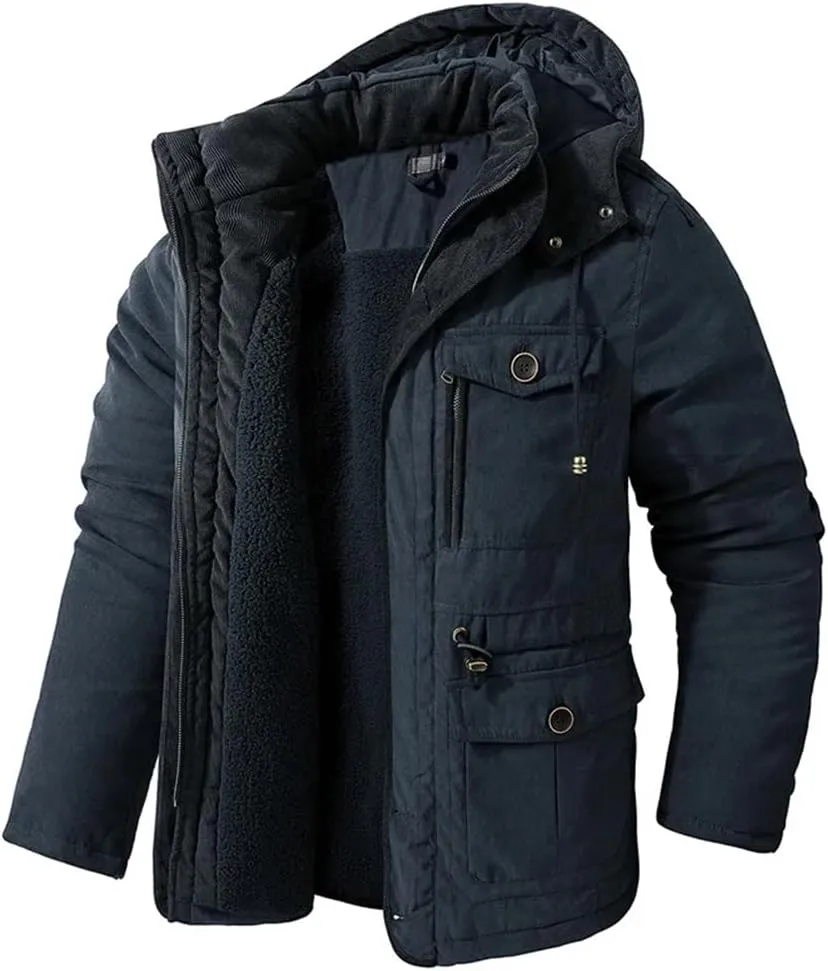 Mens Thicken Warm Hooded Jacket Fleece Inner Cotton-Padded Windbreaker Cotton Snow Coats Parka