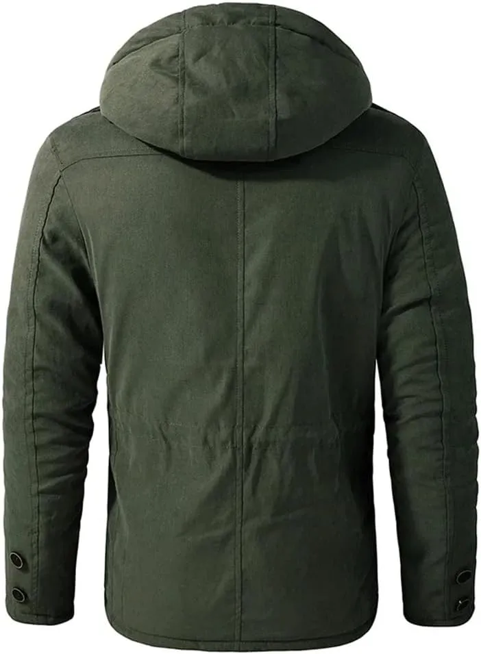 Mens Thicken Warm Hooded Jacket Fleece Inner Cotton-Padded Windbreaker Cotton Snow Coats Parka