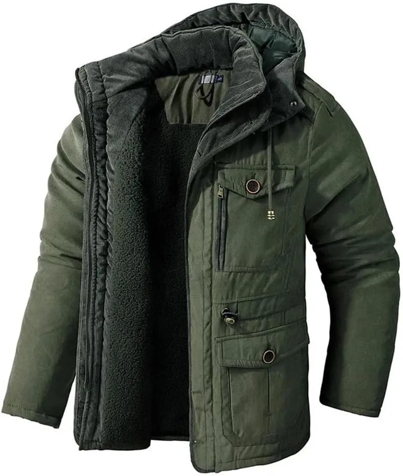 Mens Thicken Warm Hooded Jacket Fleece Inner Cotton-Padded Windbreaker Cotton Snow Coats Parka