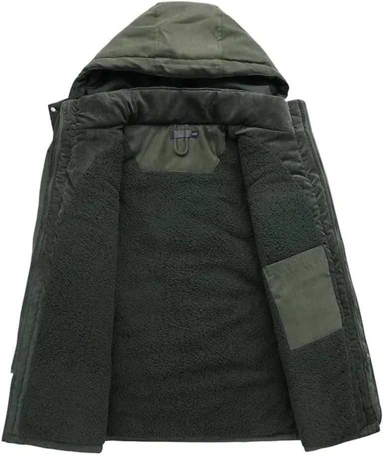 Mens Thicken Warm Hooded Jacket Fleece Inner Cotton-Padded Windbreaker Cotton Snow Coats Parka