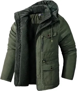 Mens Thicken Warm Hooded Jacket Fleece Inner Cotton-Padded Windbreaker Cotton Snow Coats Parka