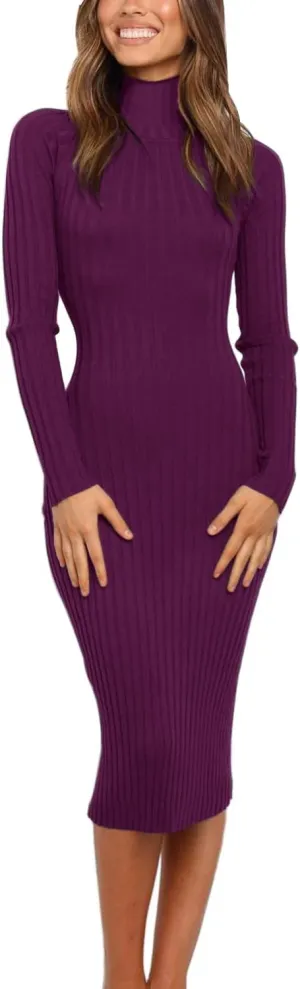 MEROKEETY Women's 2024 Ribbed Long Sleeve Sweater Dress High Neck Slim Fit Knitted Midi Dress