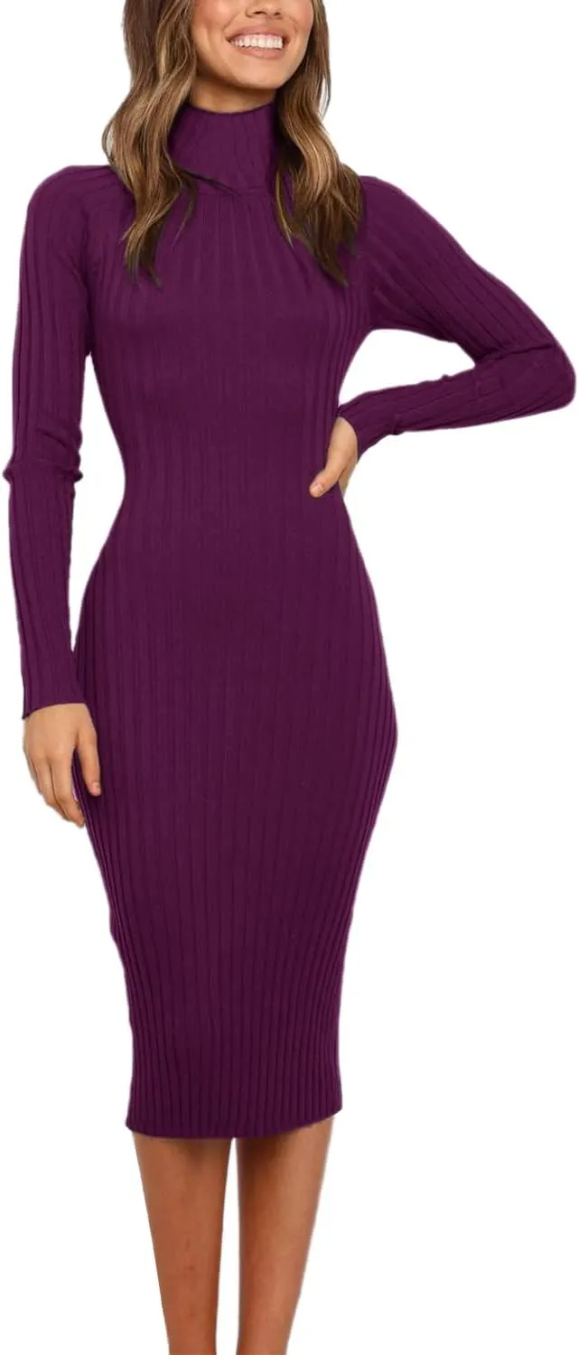 MEROKEETY Women's 2024 Ribbed Long Sleeve Sweater Dress High Neck Slim Fit Knitted Midi Dress
