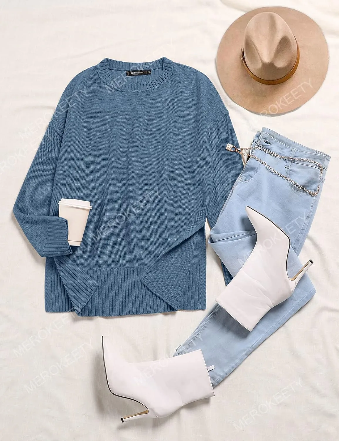 MEROKEETY Women's 2025 Fall Winter Casual Oversized Pullover Sweater Loose Crew Neck Long Sleeve Side Split Jumper Top