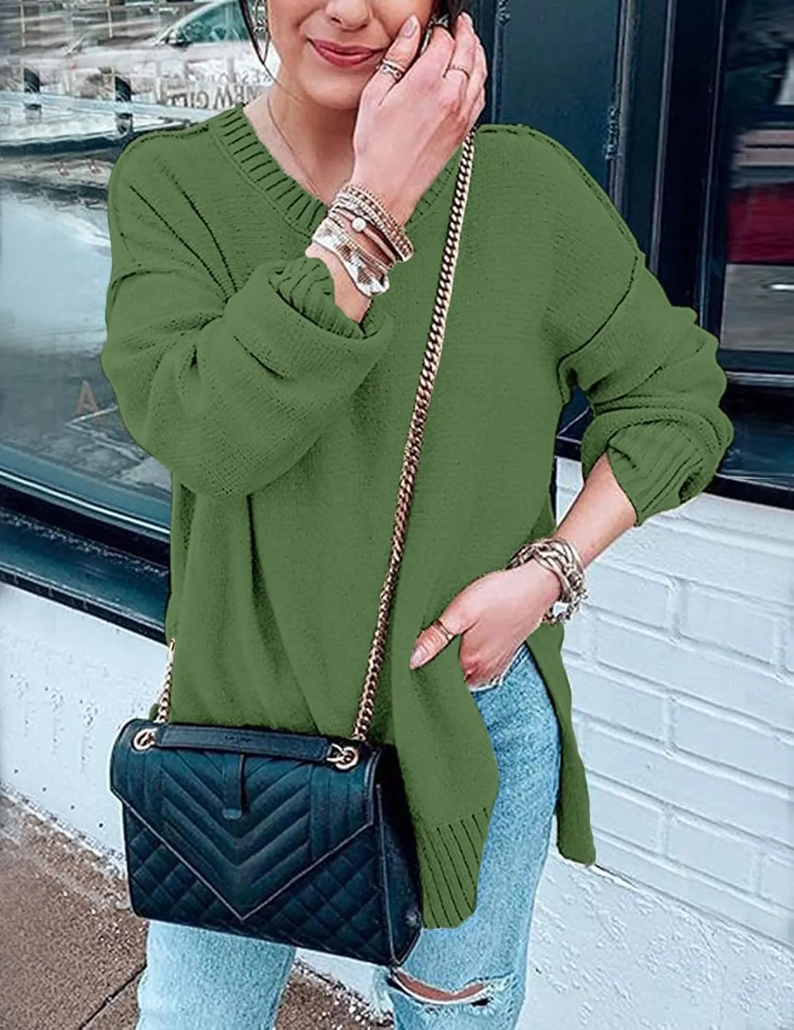 MEROKEETY Women's 2025 Fall Winter Casual Oversized Pullover Sweater Loose Crew Neck Long Sleeve Side Split Jumper Top