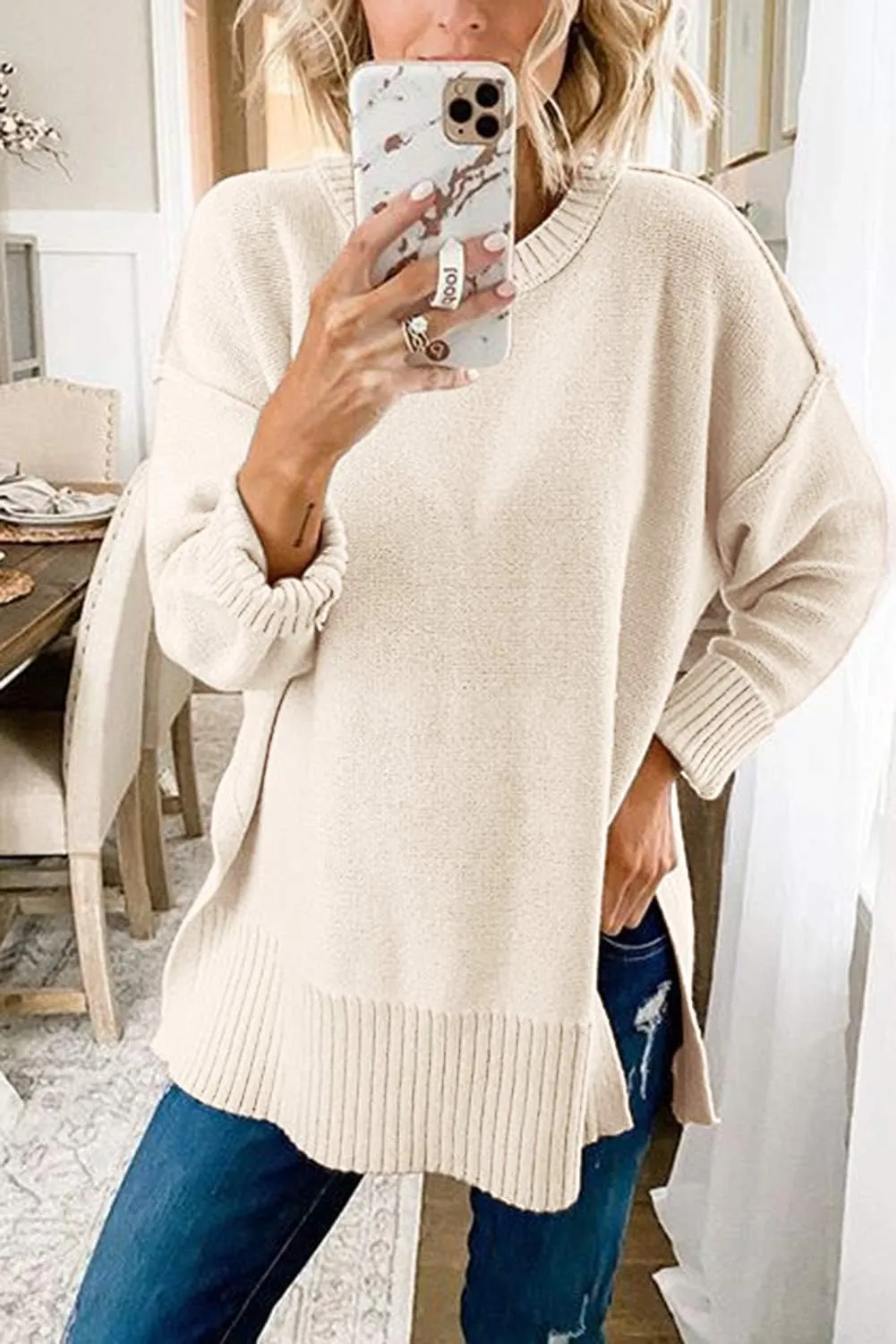 MEROKEETY Women's 2025 Fall Winter Casual Oversized Pullover Sweater Loose Crew Neck Long Sleeve Side Split Jumper Top