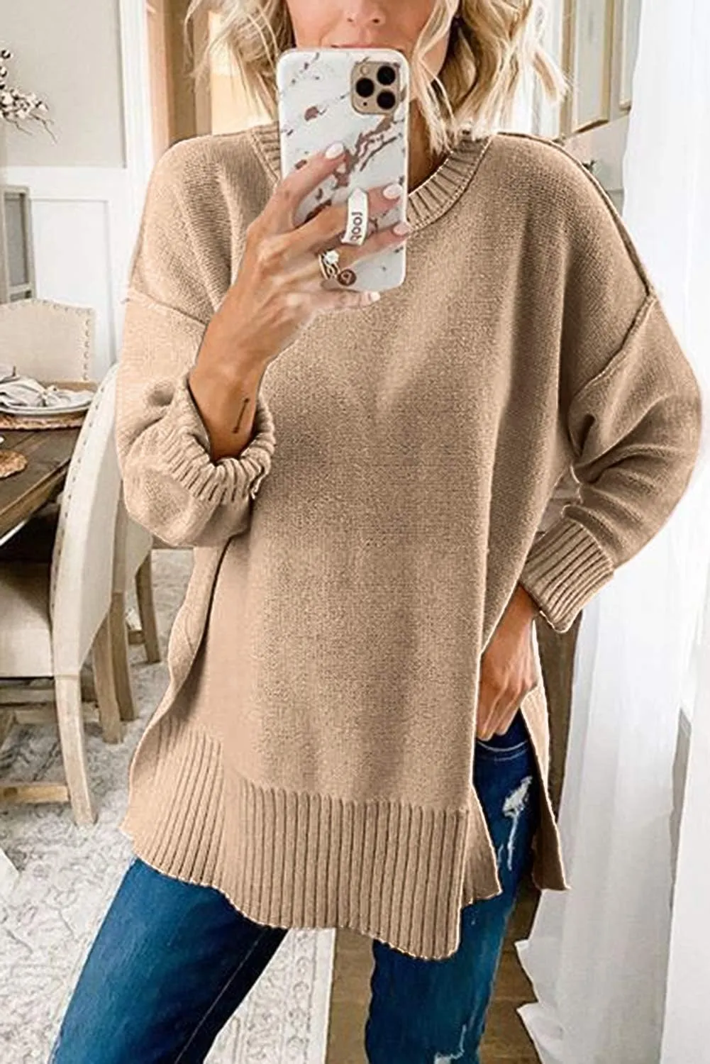 MEROKEETY Women's 2025 Fall Winter Casual Oversized Pullover Sweater Loose Crew Neck Long Sleeve Side Split Jumper Top