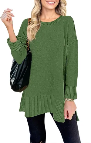 MEROKEETY Women's 2025 Fall Winter Casual Oversized Pullover Sweater Loose Crew Neck Long Sleeve Side Split Jumper Top