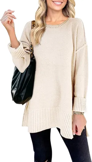MEROKEETY Women's 2025 Fall Winter Casual Oversized Pullover Sweater Loose Crew Neck Long Sleeve Side Split Jumper Top