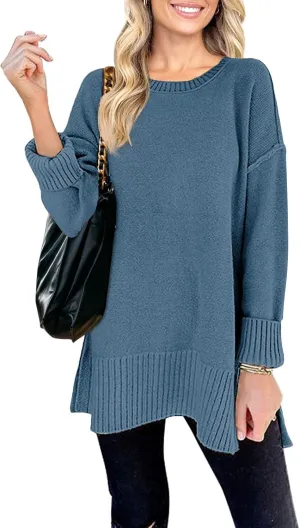 MEROKEETY Women's 2025 Fall Winter Casual Oversized Pullover Sweater Loose Crew Neck Long Sleeve Side Split Jumper Top