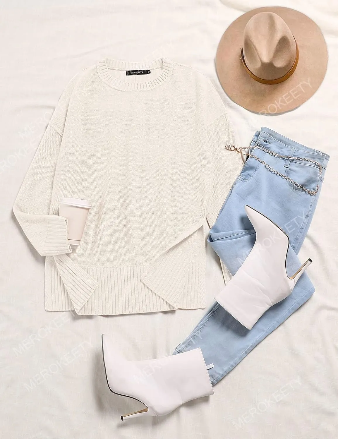 MEROKEETY Women's 2025 Fall Winter Casual Oversized Pullover Sweater Loose Crew Neck Long Sleeve Side Split Jumper Top