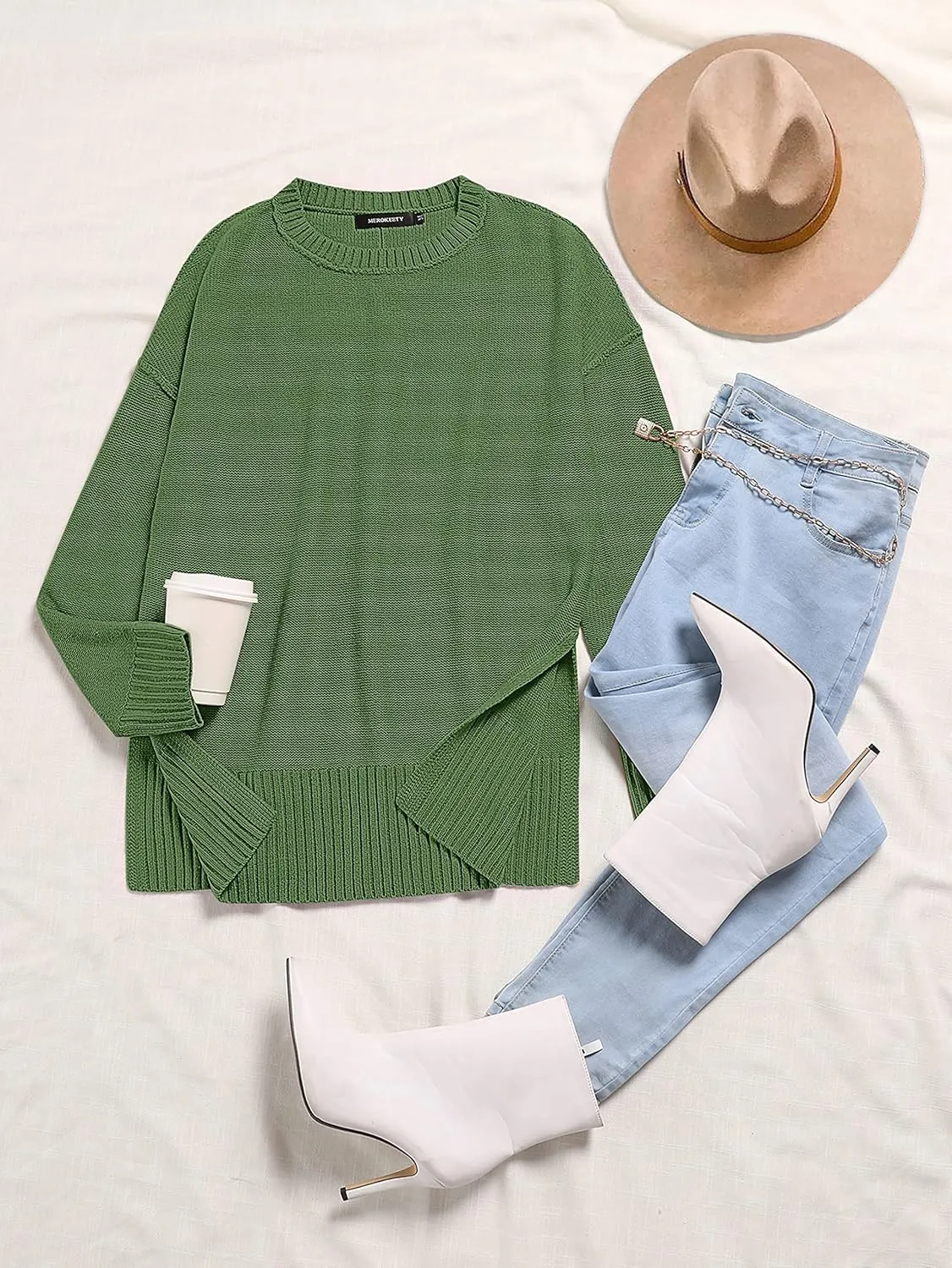 MEROKEETY Women's 2025 Fall Winter Casual Oversized Pullover Sweater Loose Crew Neck Long Sleeve Side Split Jumper Top