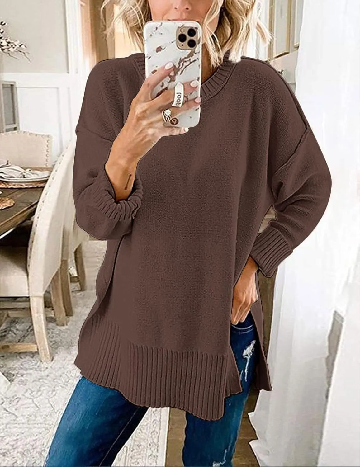 MEROKEETY Women's 2025 Fall Winter Casual Oversized Pullover Sweater Loose Crew Neck Long Sleeve Side Split Jumper Top