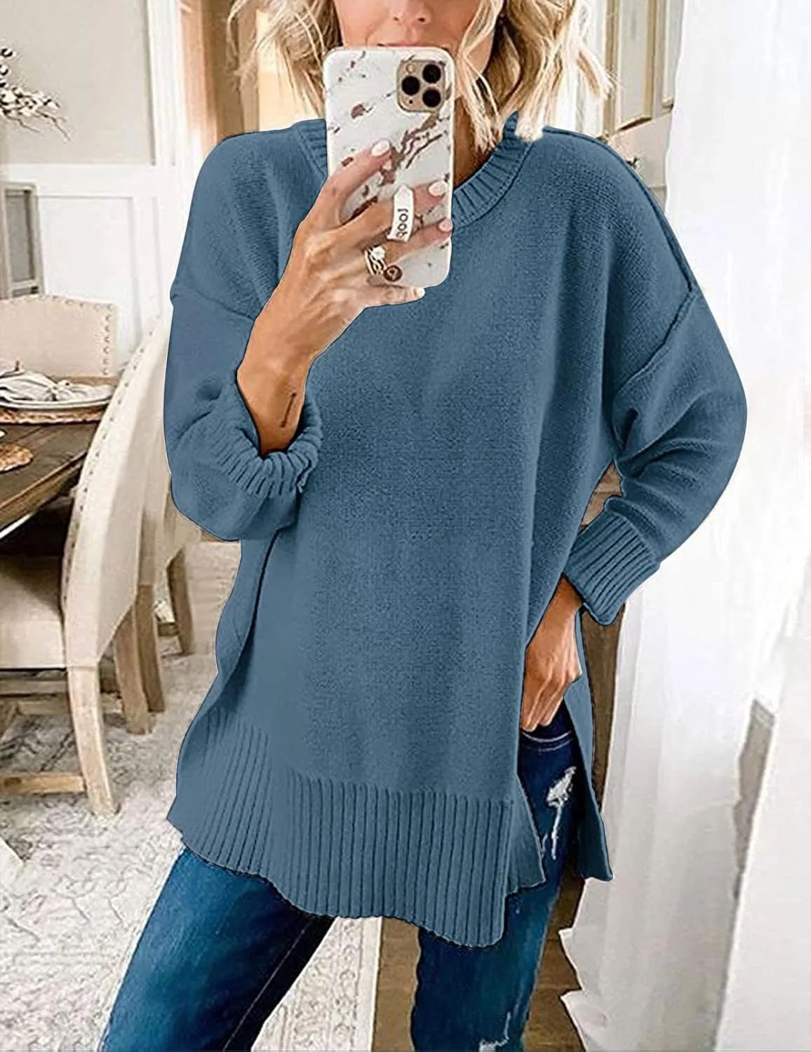 MEROKEETY Women's 2025 Fall Winter Casual Oversized Pullover Sweater Loose Crew Neck Long Sleeve Side Split Jumper Top