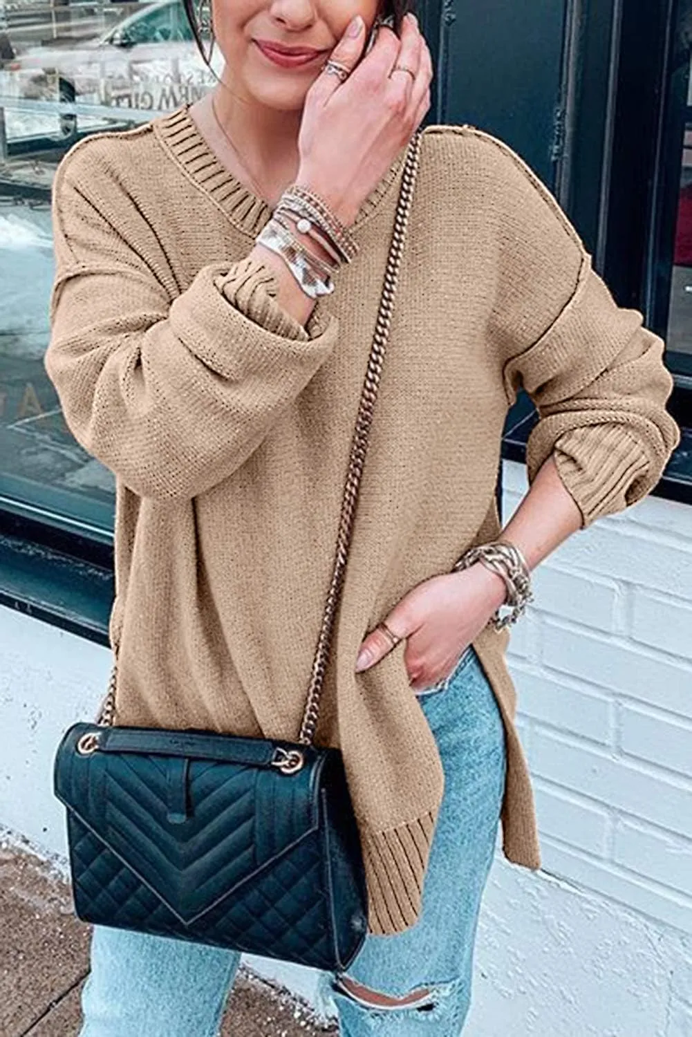 MEROKEETY Women's 2025 Fall Winter Casual Oversized Pullover Sweater Loose Crew Neck Long Sleeve Side Split Jumper Top