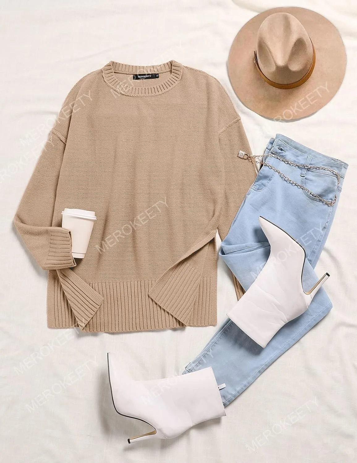 MEROKEETY Women's 2025 Fall Winter Casual Oversized Pullover Sweater Loose Crew Neck Long Sleeve Side Split Jumper Top