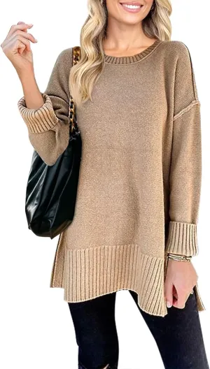 MEROKEETY Women's 2025 Fall Winter Casual Oversized Pullover Sweater Loose Crew Neck Long Sleeve Side Split Jumper Top