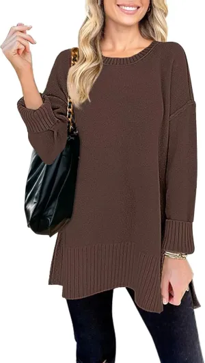 MEROKEETY Women's 2025 Fall Winter Casual Oversized Pullover Sweater Loose Crew Neck Long Sleeve Side Split Jumper Top