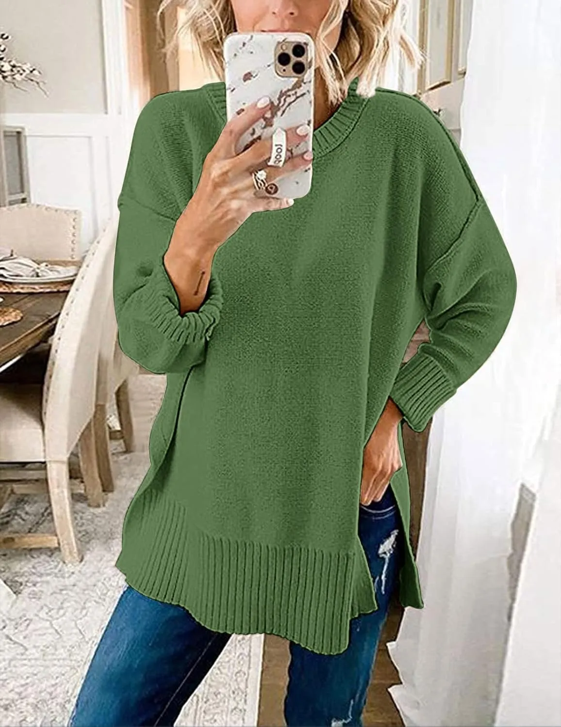 MEROKEETY Women's 2025 Fall Winter Casual Oversized Pullover Sweater Loose Crew Neck Long Sleeve Side Split Jumper Top