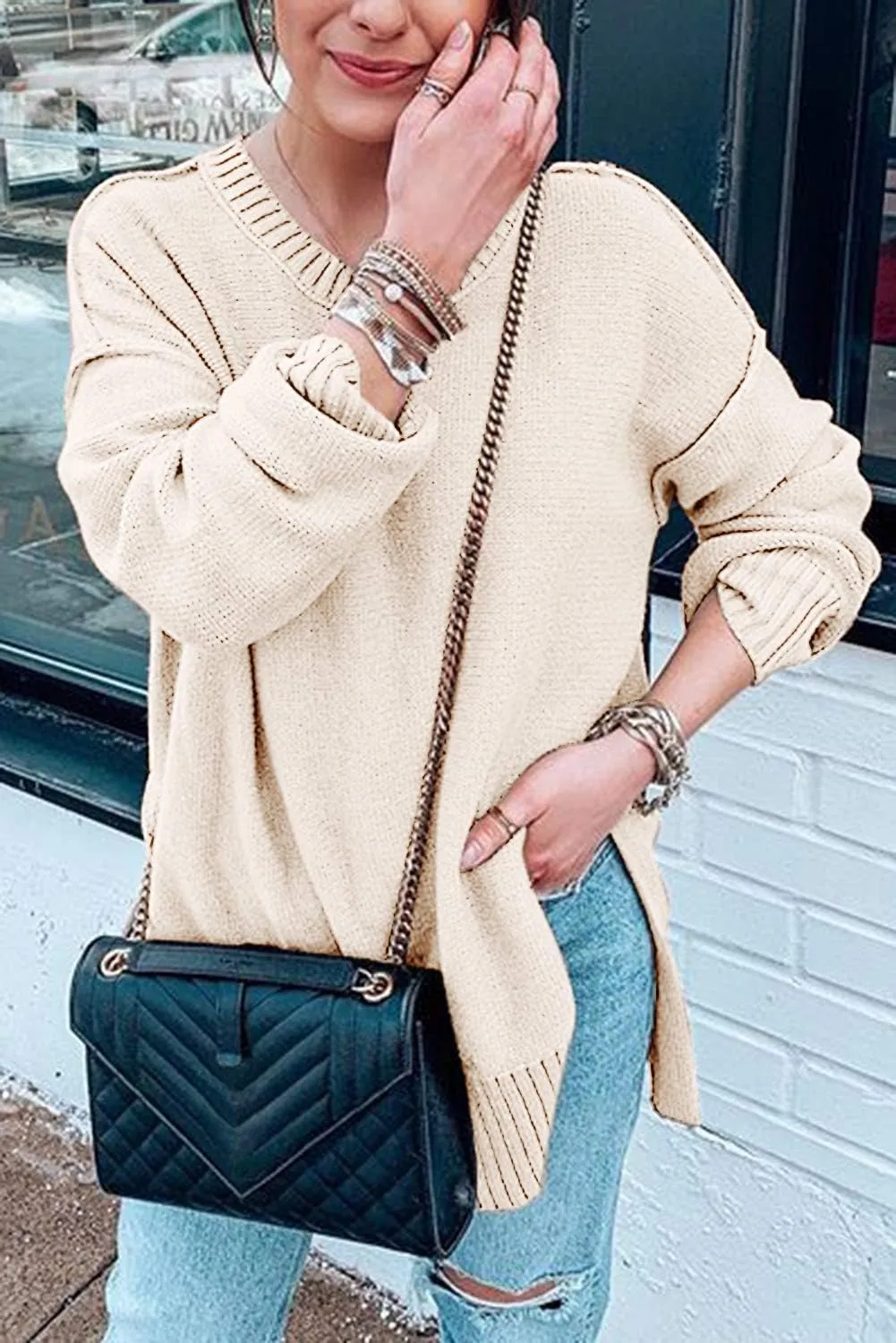 MEROKEETY Women's 2025 Fall Winter Casual Oversized Pullover Sweater Loose Crew Neck Long Sleeve Side Split Jumper Top