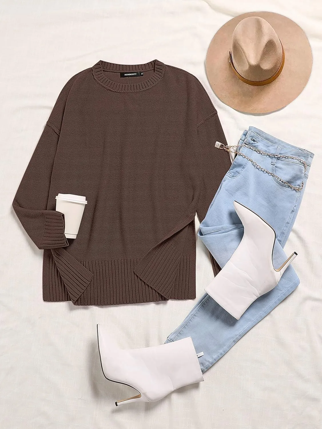 MEROKEETY Women's 2025 Fall Winter Casual Oversized Pullover Sweater Loose Crew Neck Long Sleeve Side Split Jumper Top
