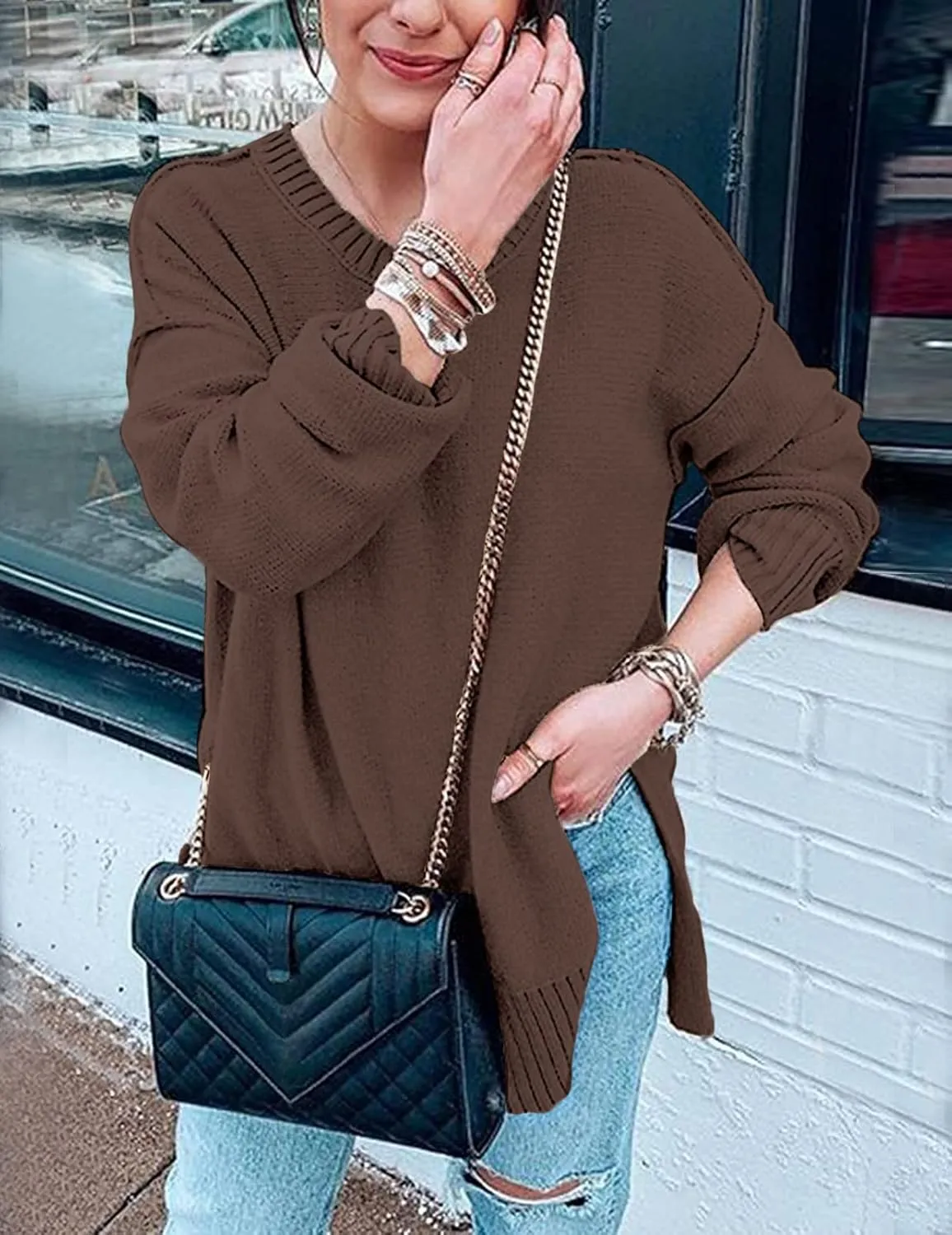 MEROKEETY Women's 2025 Fall Winter Casual Oversized Pullover Sweater Loose Crew Neck Long Sleeve Side Split Jumper Top