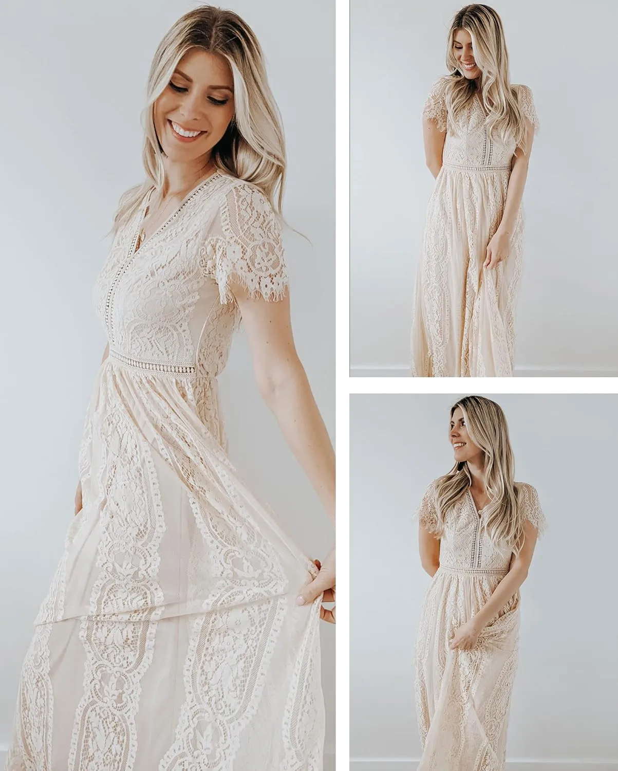 MEROKEETY Women's V Neck Short Sleeve Floral Lace Wedding Dress Bridesmaid Cocktail Party Maxi Dress