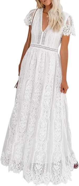 MEROKEETY Women's V Neck Short Sleeve Floral Lace Wedding Dress Bridesmaid Cocktail Party Maxi Dress