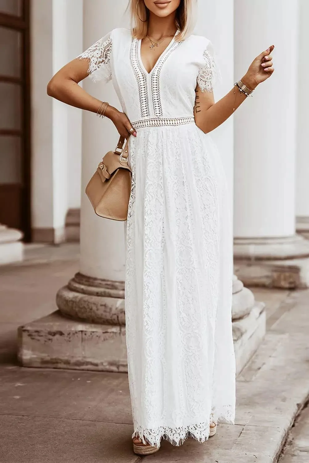 MEROKEETY Women's V Neck Short Sleeve Floral Lace Wedding Dress Bridesmaid Cocktail Party Maxi Dress