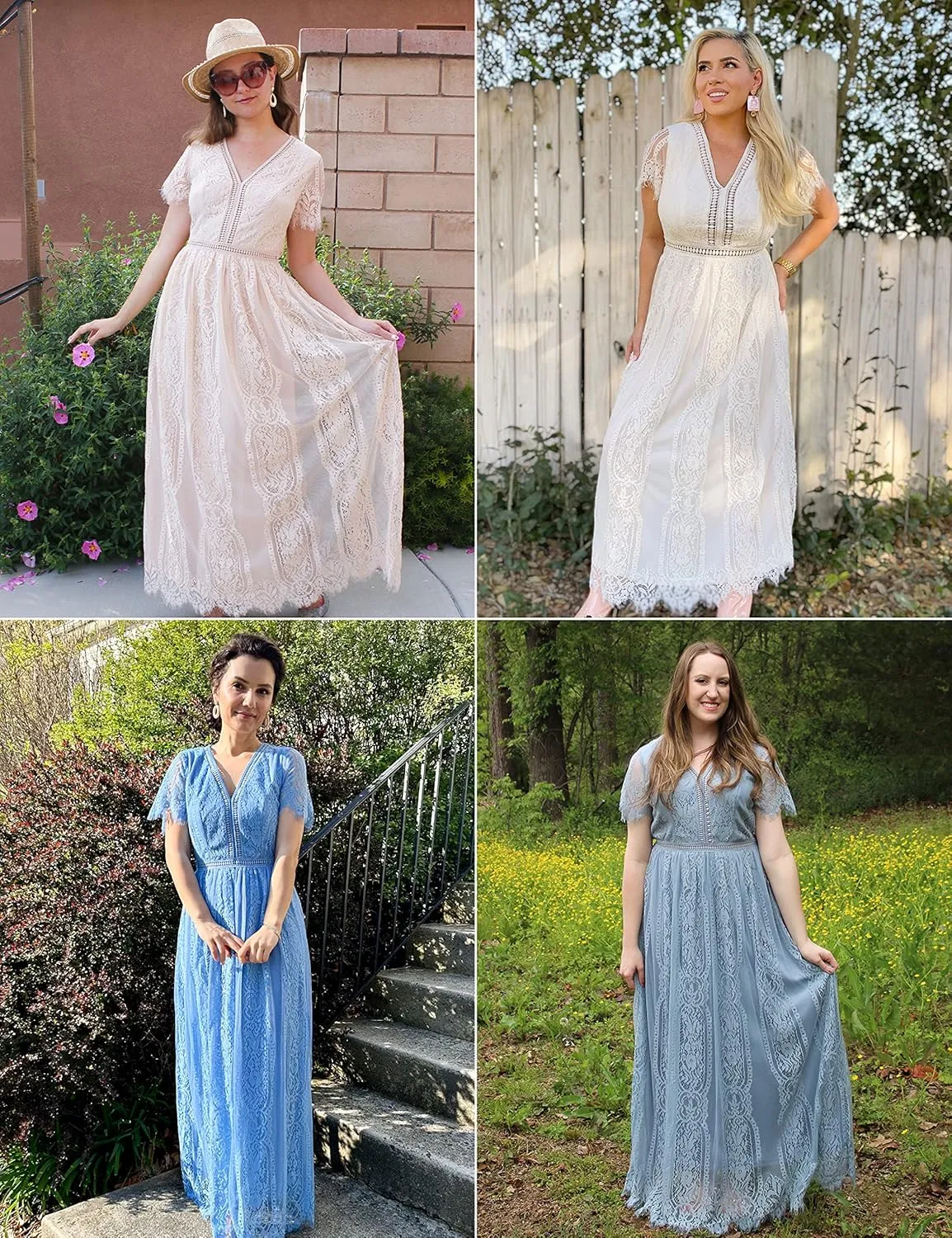 MEROKEETY Women's V Neck Short Sleeve Floral Lace Wedding Dress Bridesmaid Cocktail Party Maxi Dress