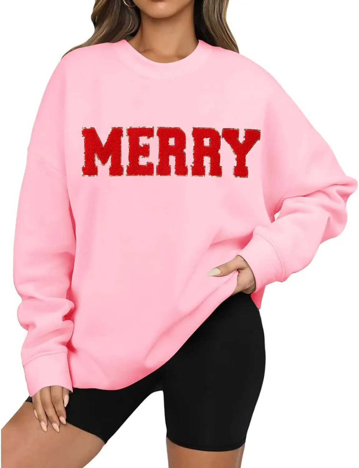 Merry Christmas Sweatshirts for Women Glitter Patch Merry Letter Shirts Crewneck Xmas Gifts Oversized Pullover Top