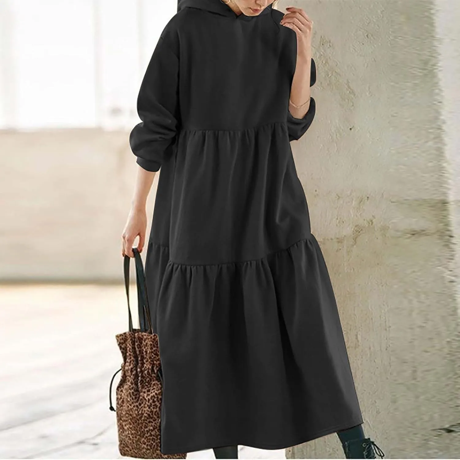 Micidad Womens Oversized Hoodie Dress Long Sleeve Hooded Sweatshirt Casual Lose Tiered Maxi Hoodie