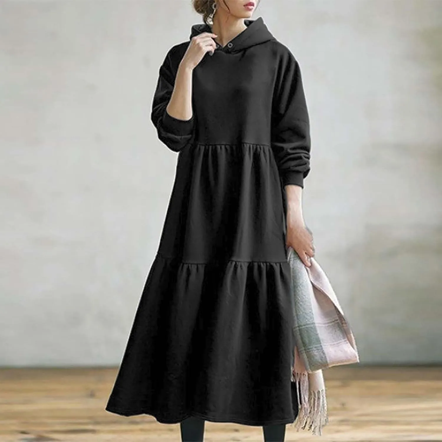 Micidad Womens Oversized Hoodie Dress Long Sleeve Hooded Sweatshirt Casual Lose Tiered Maxi Hoodie