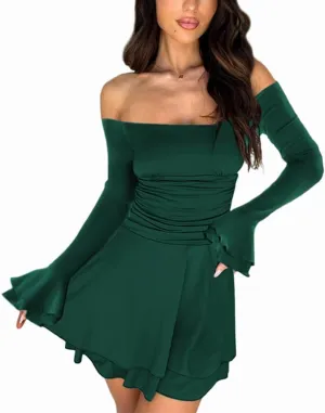MiiVoo Women's Long Sleeve Tube Dress Sexy Off Shoulder Ruffle Tiered Flowy Bodycon Mini Dresses