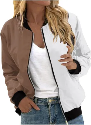 Mmoneyake Fall Jackets for Women 2024 Color Block Zip Up Bomber Jacket Casual Coat Stand Collar Lightweight Short Outwear Top
