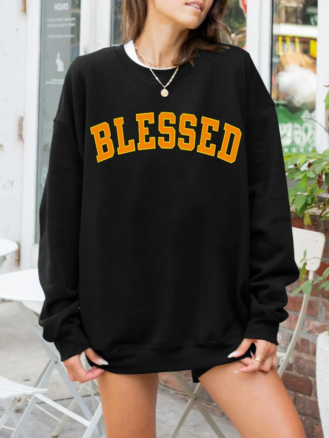 MNLYBABY Oversized Blessed Sweatshirt Women: Christian Shirt Blessed Chenille Pullover Fall Long Sleeve Tops