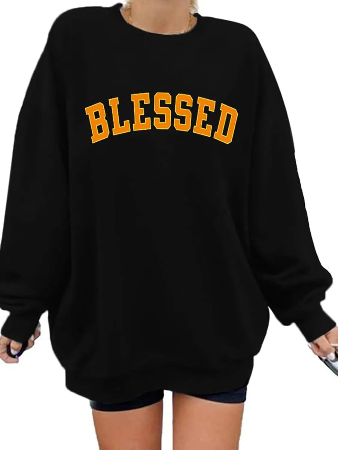 MNLYBABY Oversized Blessed Sweatshirt Women: Christian Shirt Blessed Chenille Pullover Fall Long Sleeve Tops