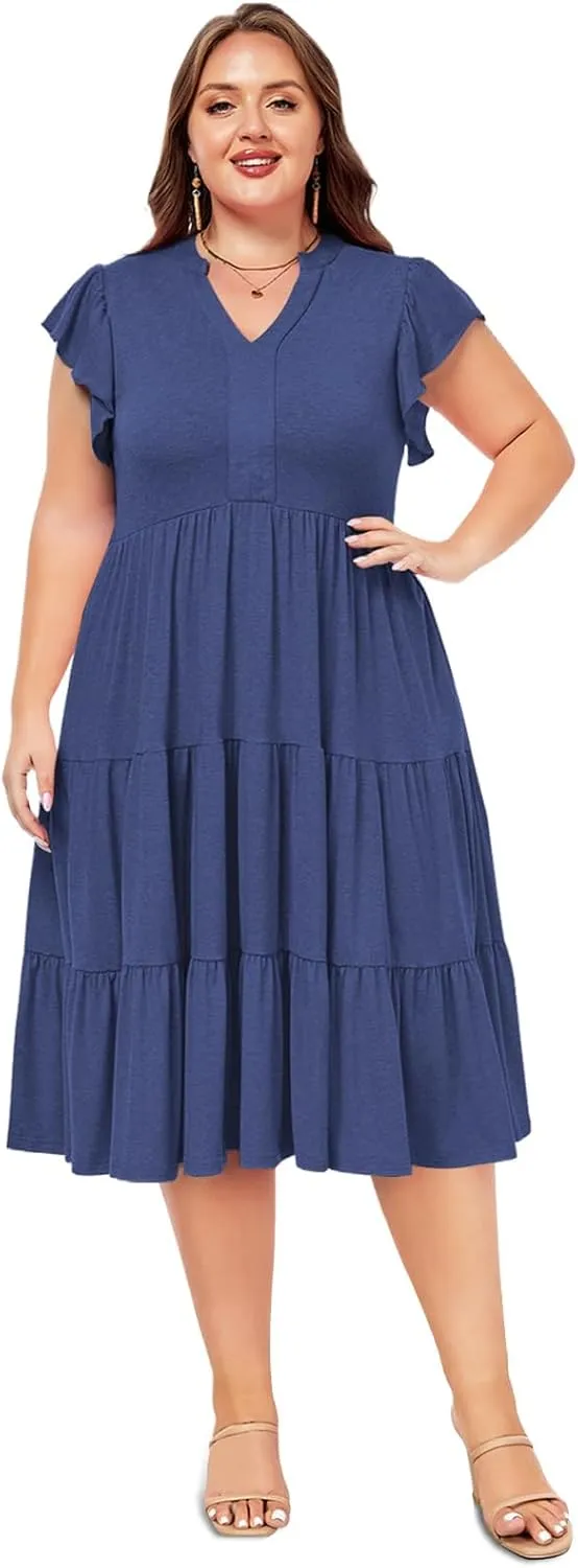 Moon Wood Womens Plus Size V Neck Ruffle Midi Dress 2025 Summer Casual Flowy Tiered Dresses with Pockets