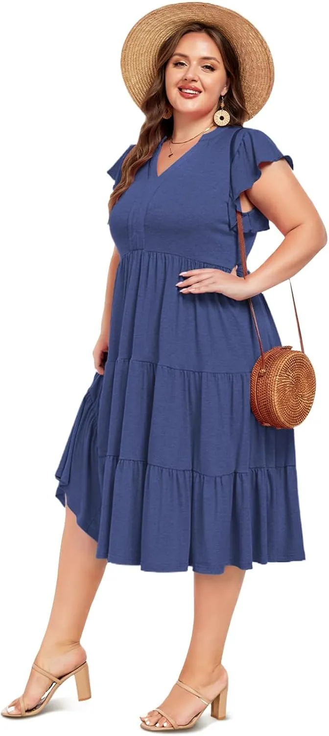 Moon Wood Womens Plus Size V Neck Ruffle Midi Dress 2025 Summer Casual Flowy Tiered Dresses with Pockets