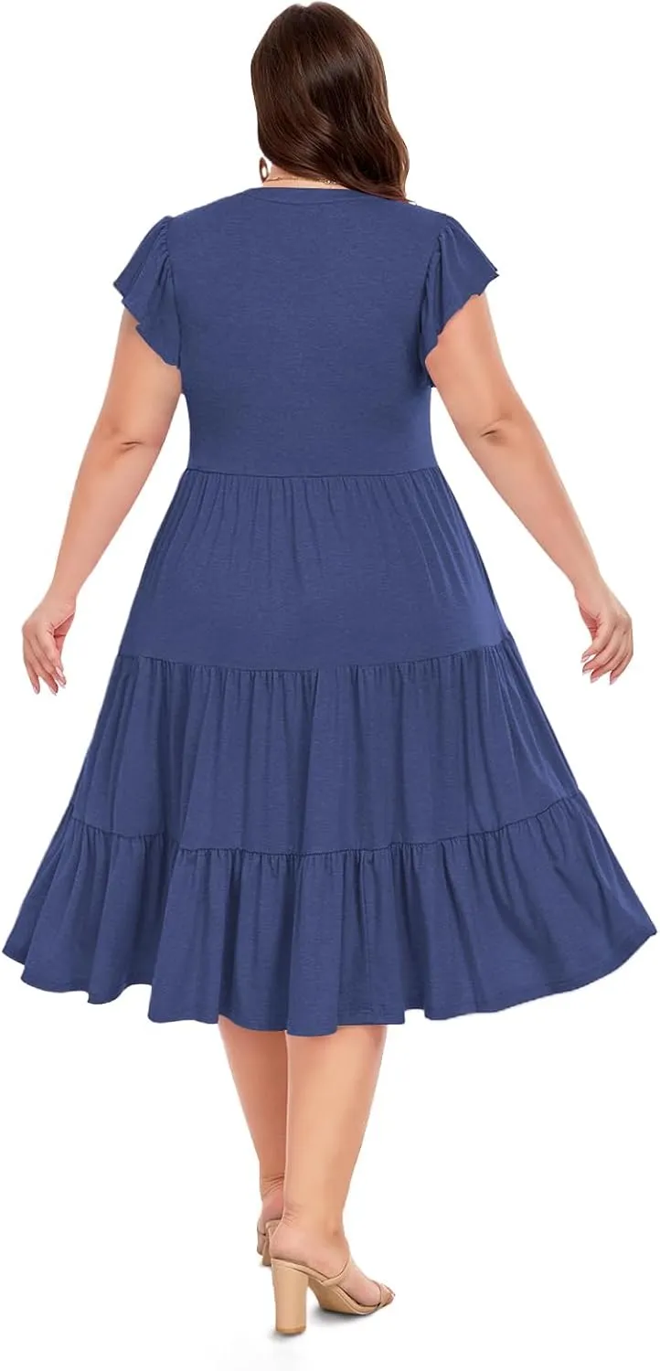 Moon Wood Womens Plus Size V Neck Ruffle Midi Dress 2025 Summer Casual Flowy Tiered Dresses with Pockets