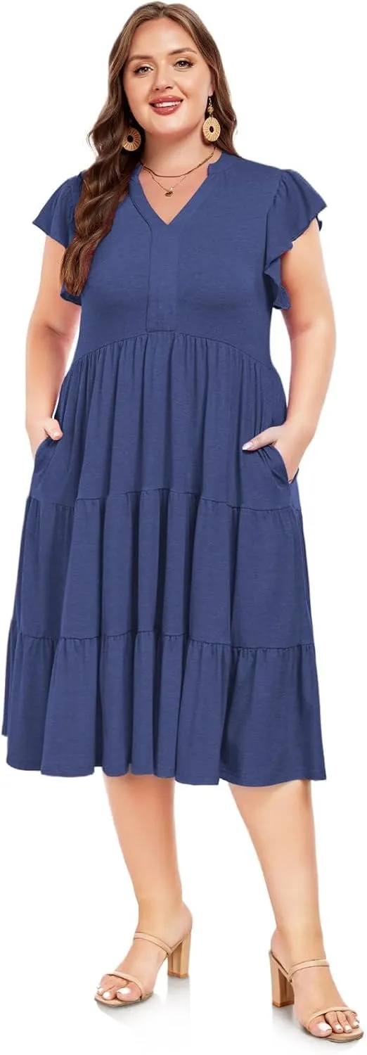 Moon Wood Womens Plus Size V Neck Ruffle Midi Dress 2025 Summer Casual Flowy Tiered Dresses with Pockets