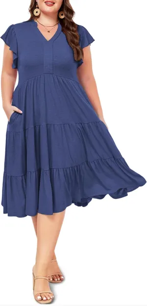Moon Wood Womens Plus Size V Neck Ruffle Midi Dress 2025 Summer Casual Flowy Tiered Dresses with Pockets