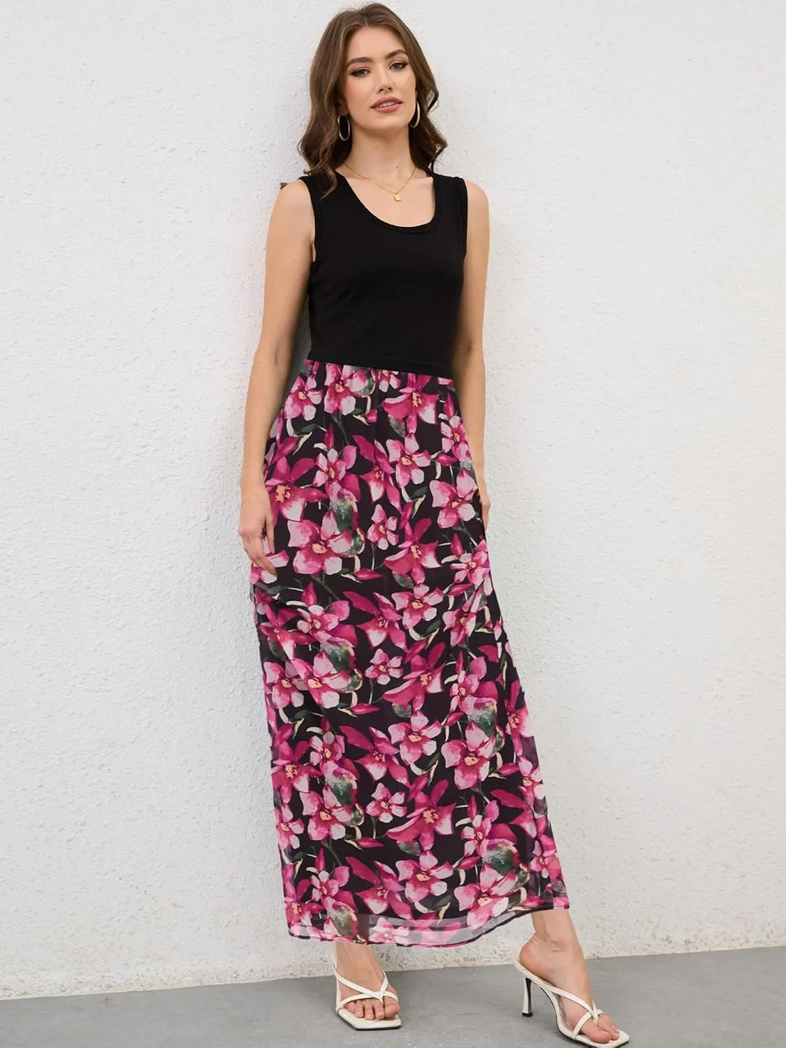 Moss Rose Women's Summer Dress Sleeveless Maxi Dresses Empire Waist Floral Print Casual Long Dress