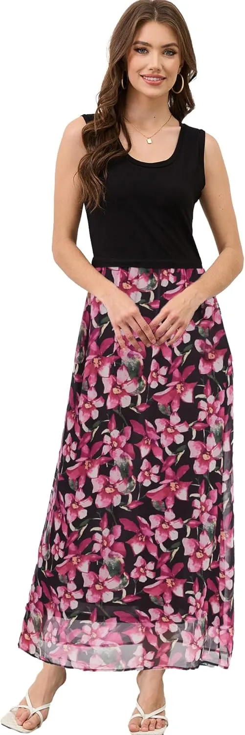 Moss Rose Women's Summer Dress Sleeveless Maxi Dresses Empire Waist Floral Print Casual Long Dress