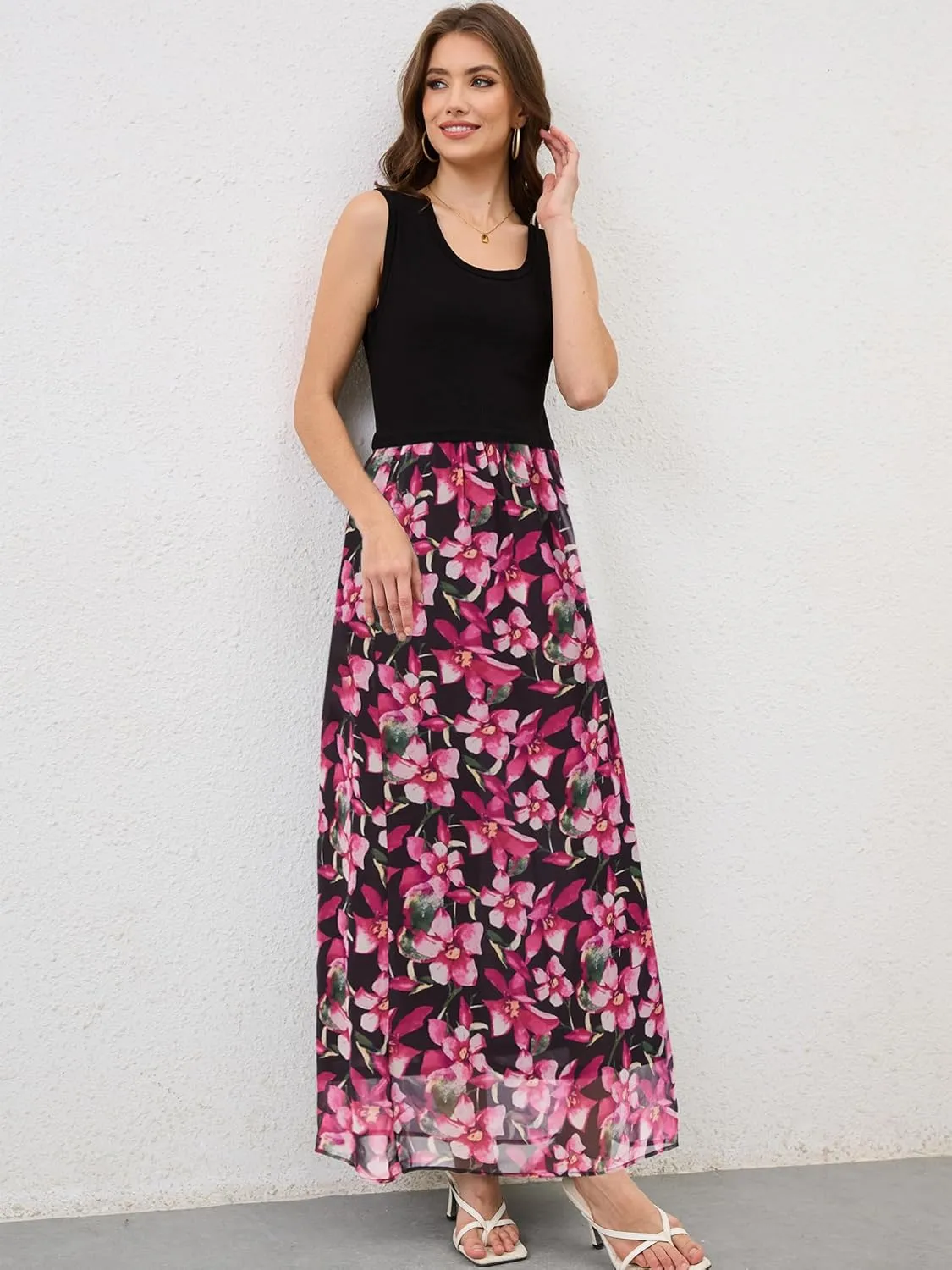 Moss Rose Women's Summer Dress Sleeveless Maxi Dresses Empire Waist Floral Print Casual Long Dress