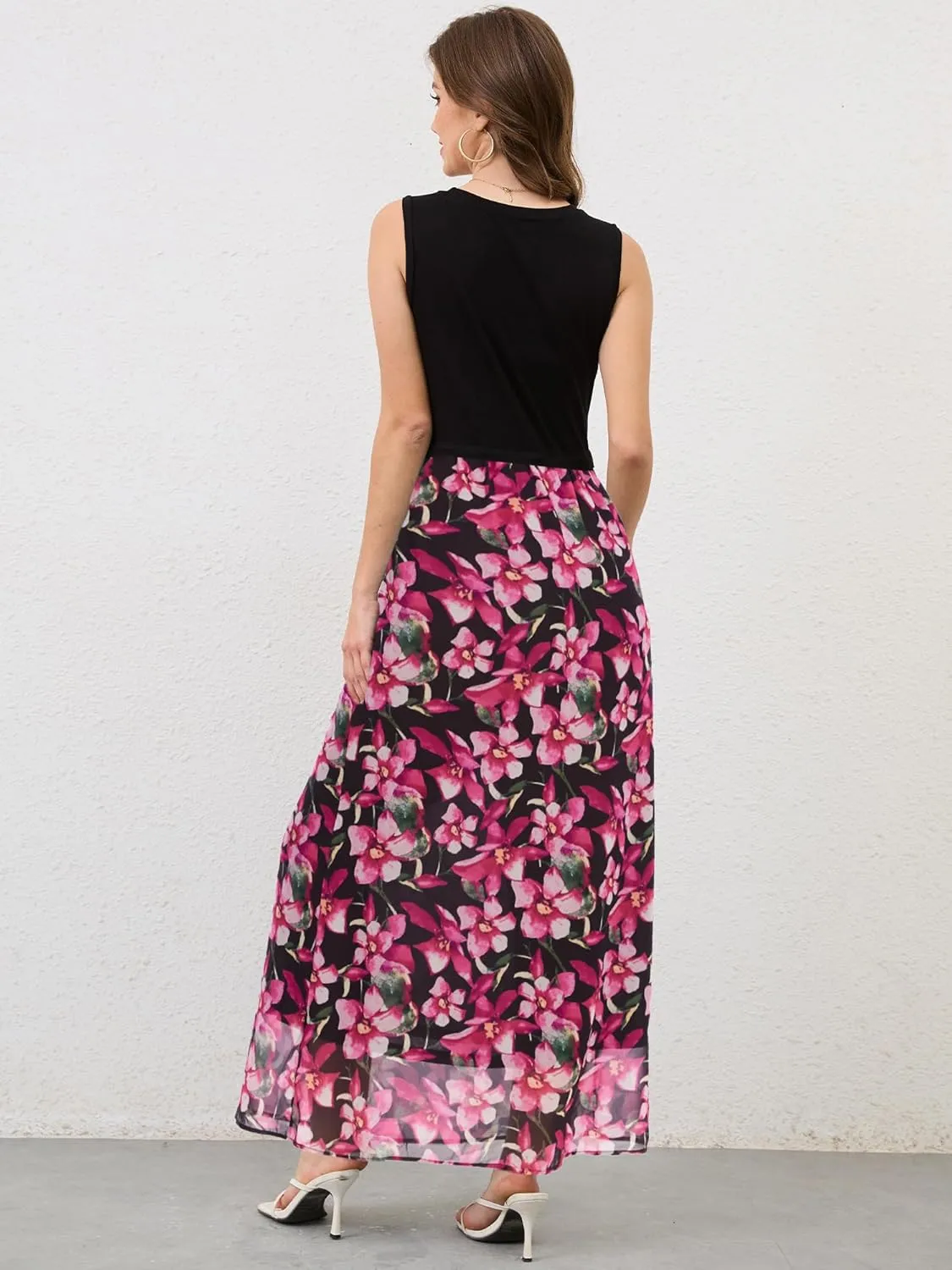 Moss Rose Women's Summer Dress Sleeveless Maxi Dresses Empire Waist Floral Print Casual Long Dress